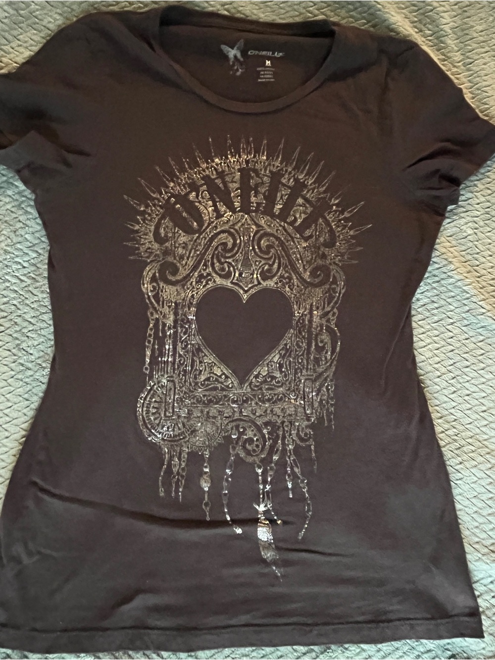 O'Neill Black Tee with Metallic Silver Heart Graphic